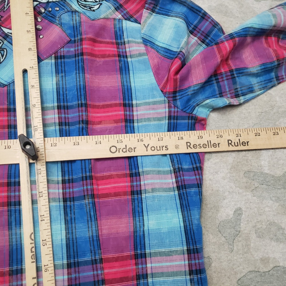 Rock 47 by Wrangler Top Womens Medium Blue Pearl Snap Long Sleeve Plaid Cowgirl - Picture 9 of 11